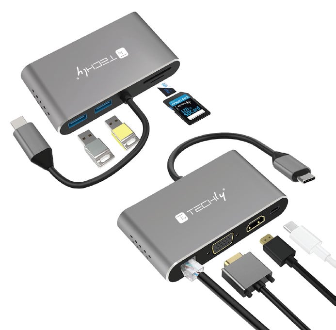 Docking Station USB-C™ SuperSpeed Multiporta USB HDMI VGA RJ45 MicroSD - Techly IADAP USB31-DOCK3