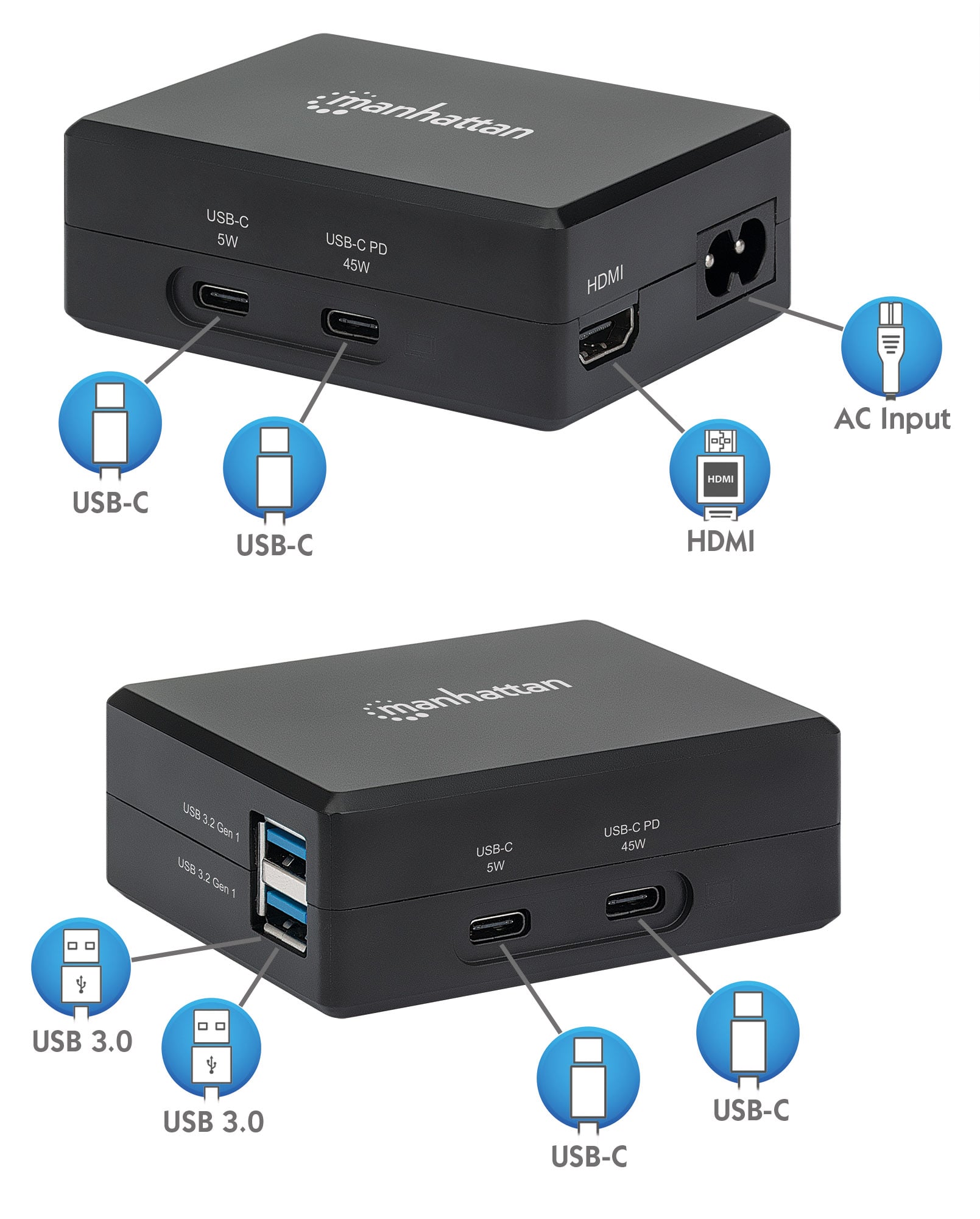 Hub USB-C™ con funzione di ricarica Power Delivery 45W - Manhattan IADAP USB31-DOCK5