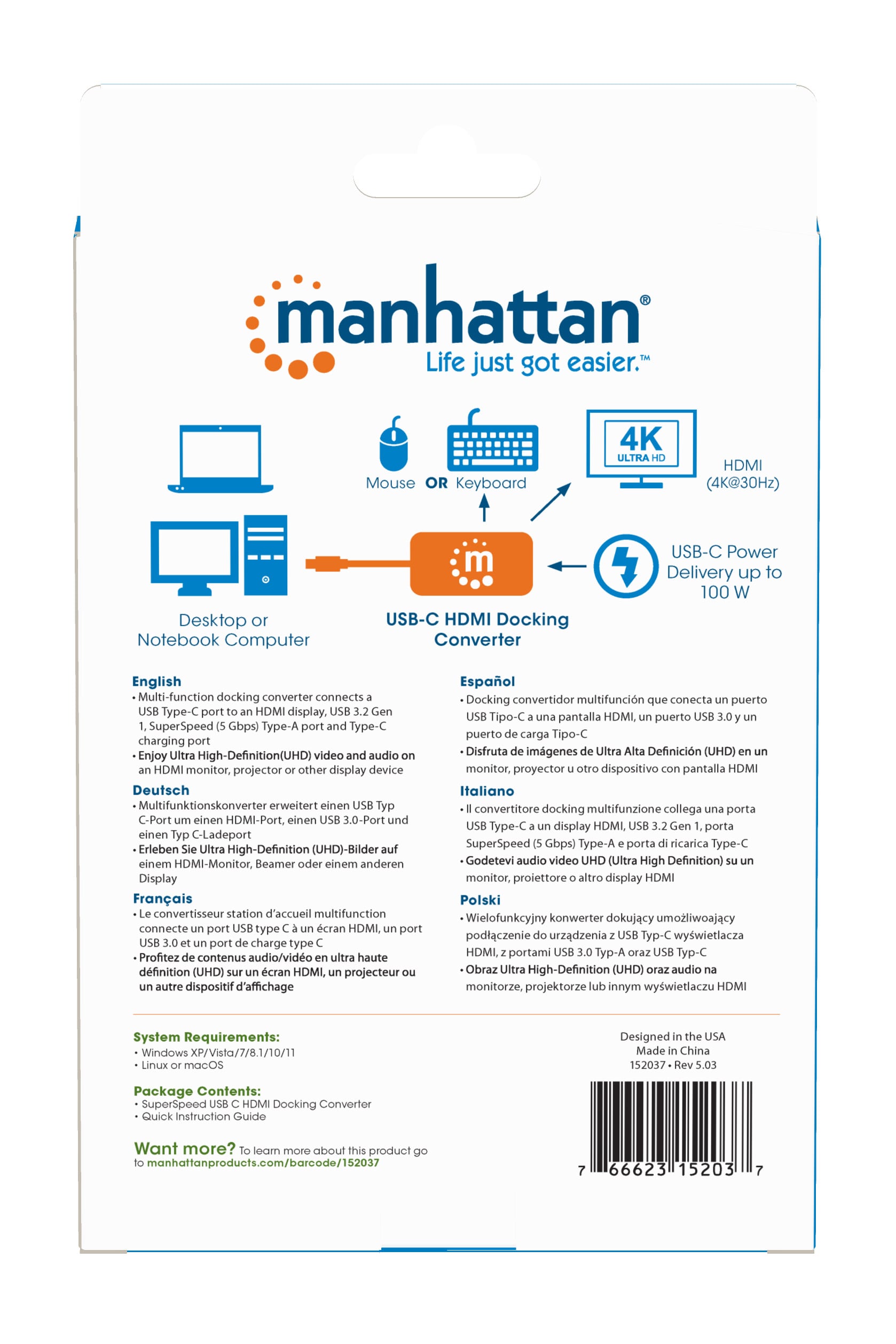 Convertitore USB-C™ a HDMI, USB-A, USB PD - Manhattan IADAP USB31-HDMIP