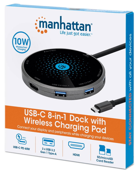 Docking Station USB-C 8-in-1 con Pad di Ricarica Wireless - Manhattan IADAP USB32-DOCKMH