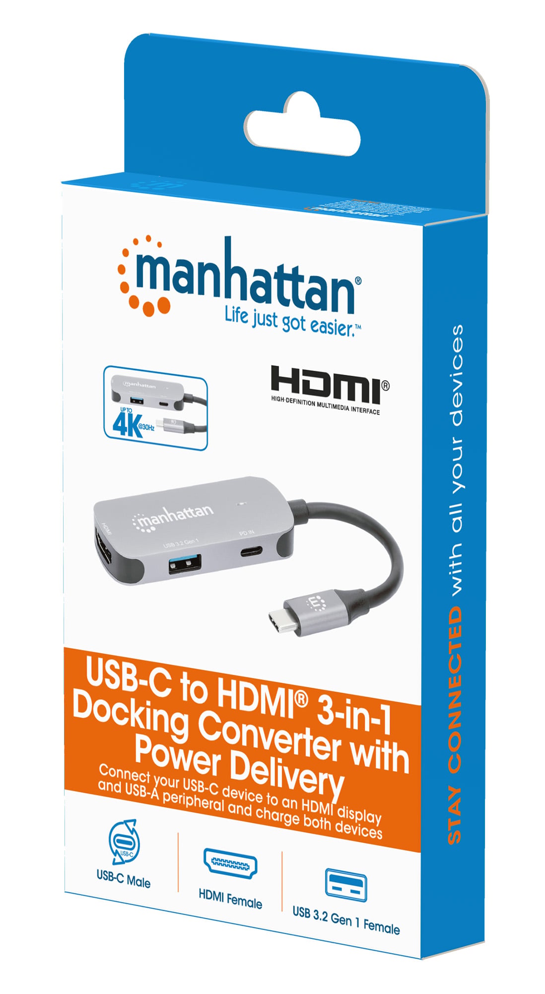 Convertitore USB-C™ a HDMI 3-in-1 con Power Delivery - Manhattan IADAP USB32-HDMIPD
