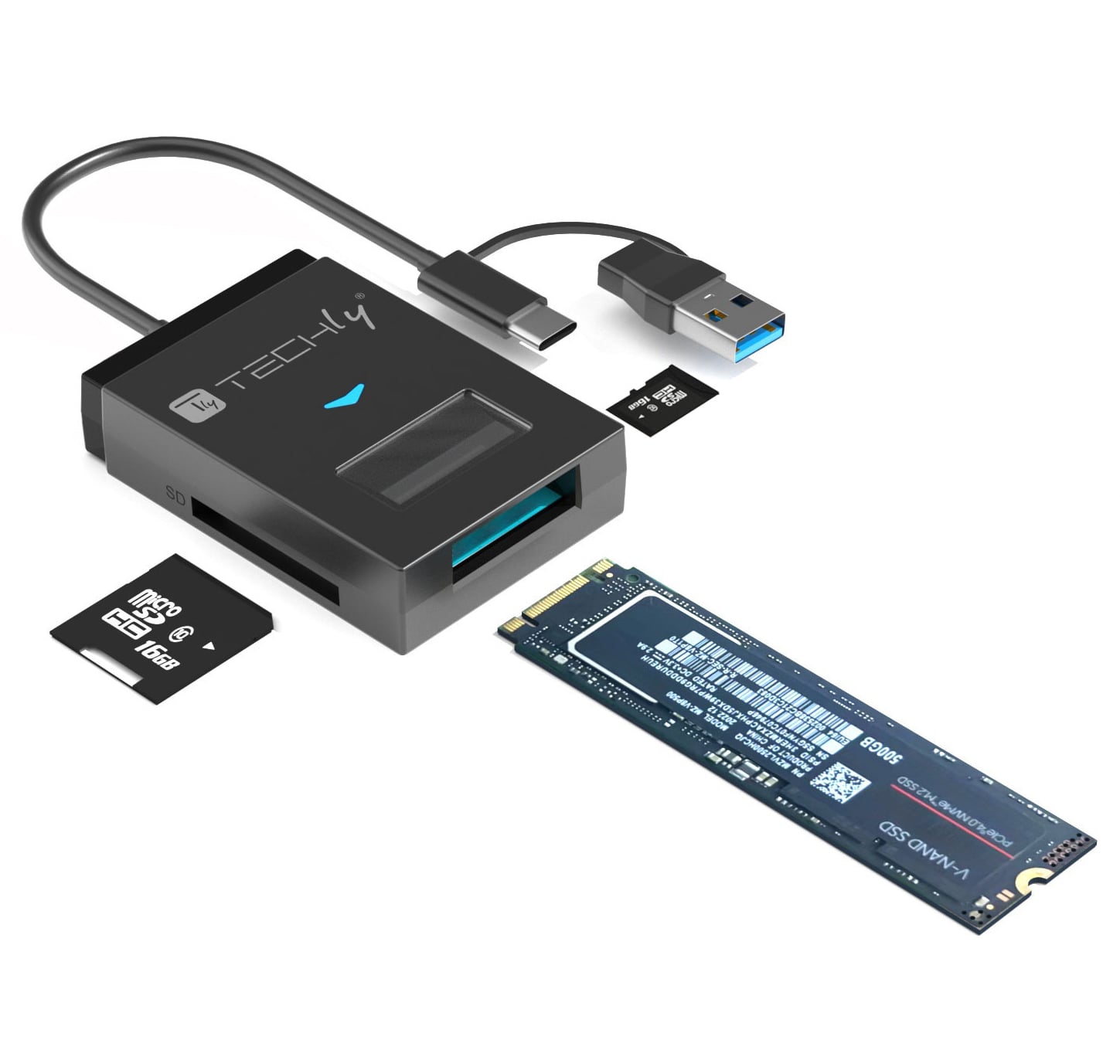 Adattatore USB-A/USB-C™ a NVME/SATA M.2 con Lettore Memorie SD/TF - Techly IADAP USB32-SSDTF