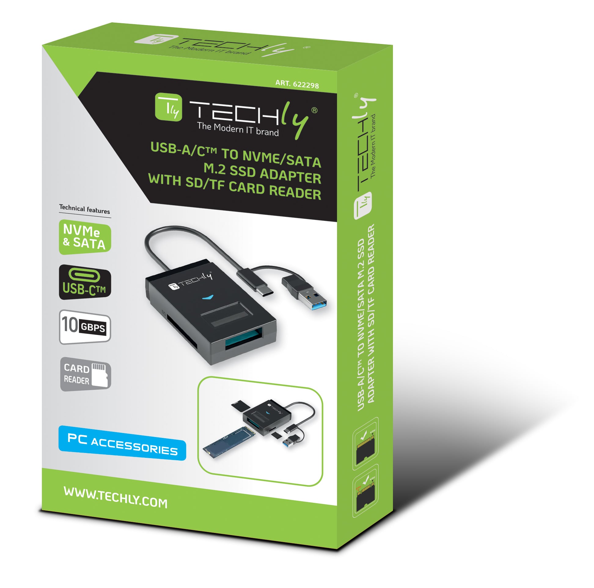Adattatore USB-A/USB-C™ a NVME/SATA M.2 con Lettore Memorie SD/TF - Techly IADAP USB32-SSDTF