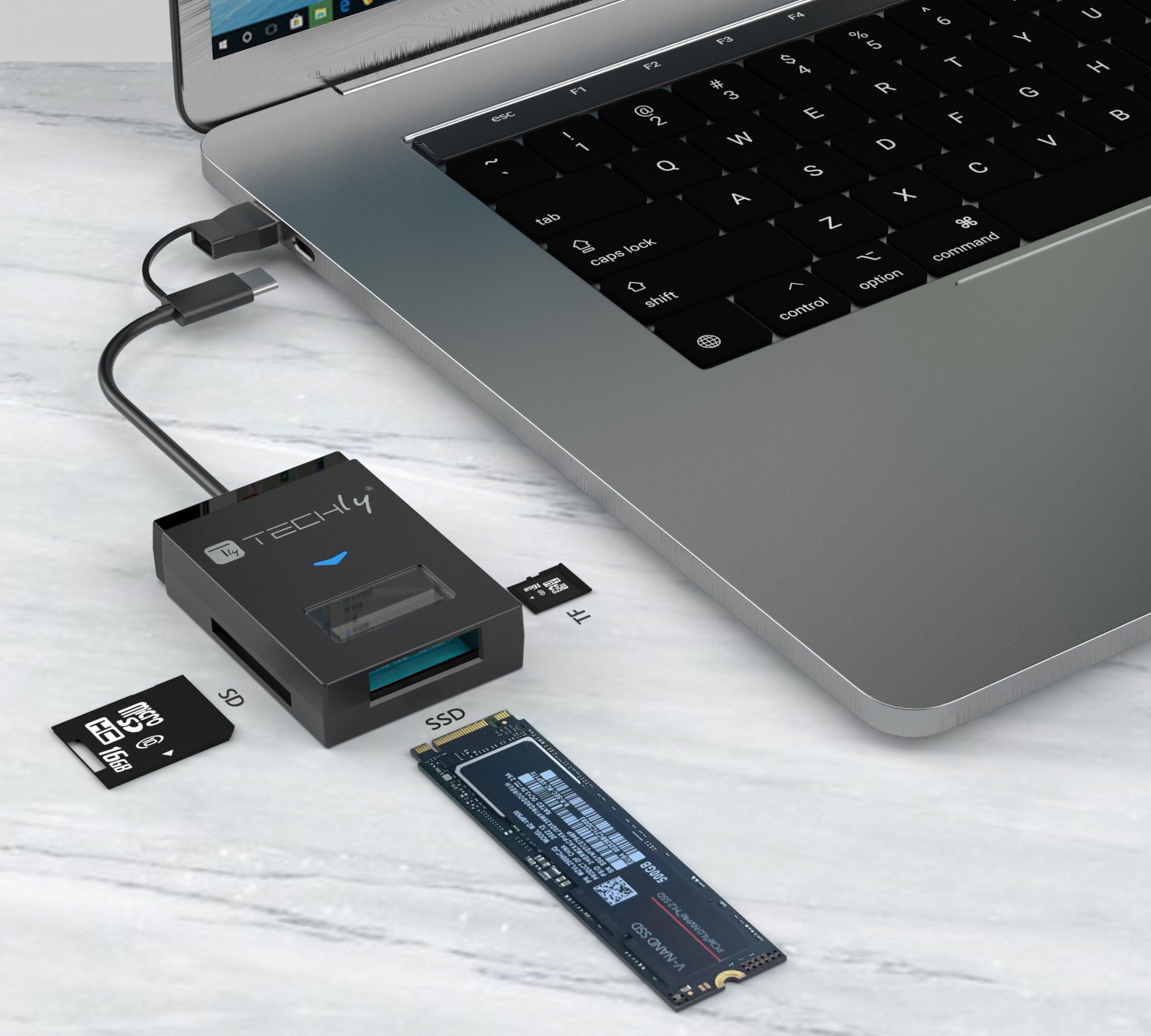 Adattatore USB-A/USB-C™ a NVME/SATA M.2 con Lettore Memorie SD/TF - Techly IADAP USB32-SSDTF