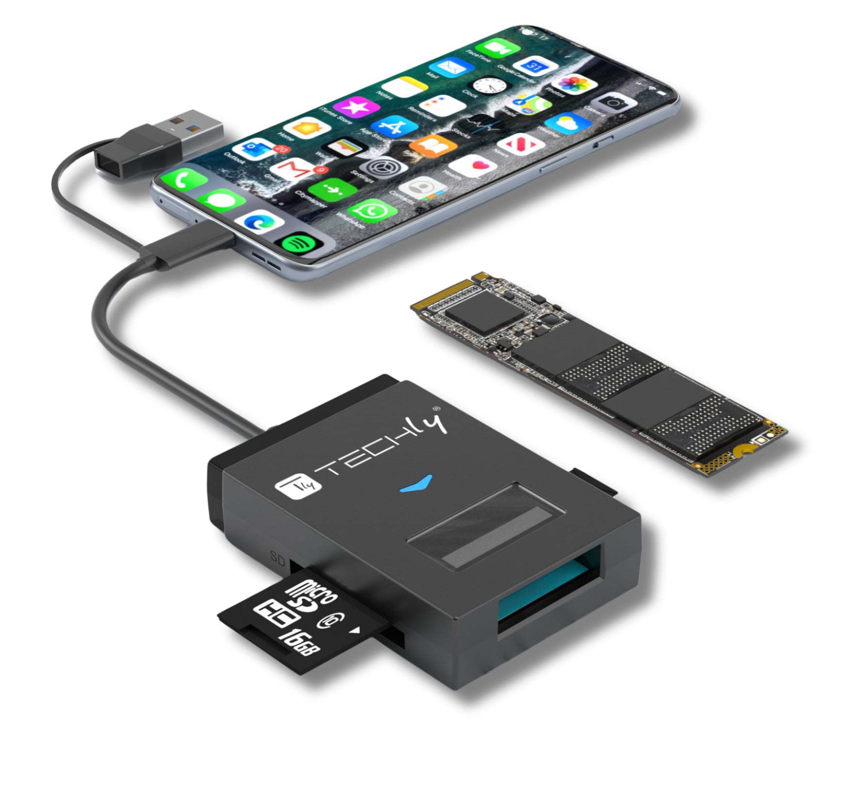 Adattatore USB-A/USB-C™ a NVME/SATA M.2 con Lettore Memorie SD/TF - Techly IADAP USB32-SSDTF