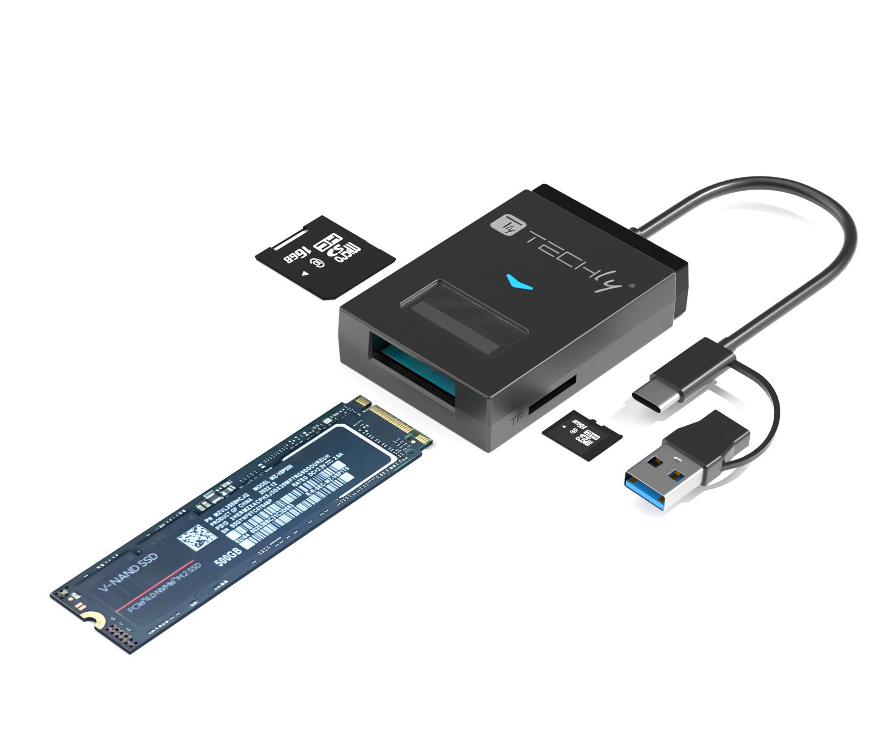 Adattatore USB-A/USB-C™ a NVME/SATA M.2 con Lettore Memorie SD/TF - Techly IADAP USB32-SSDTF