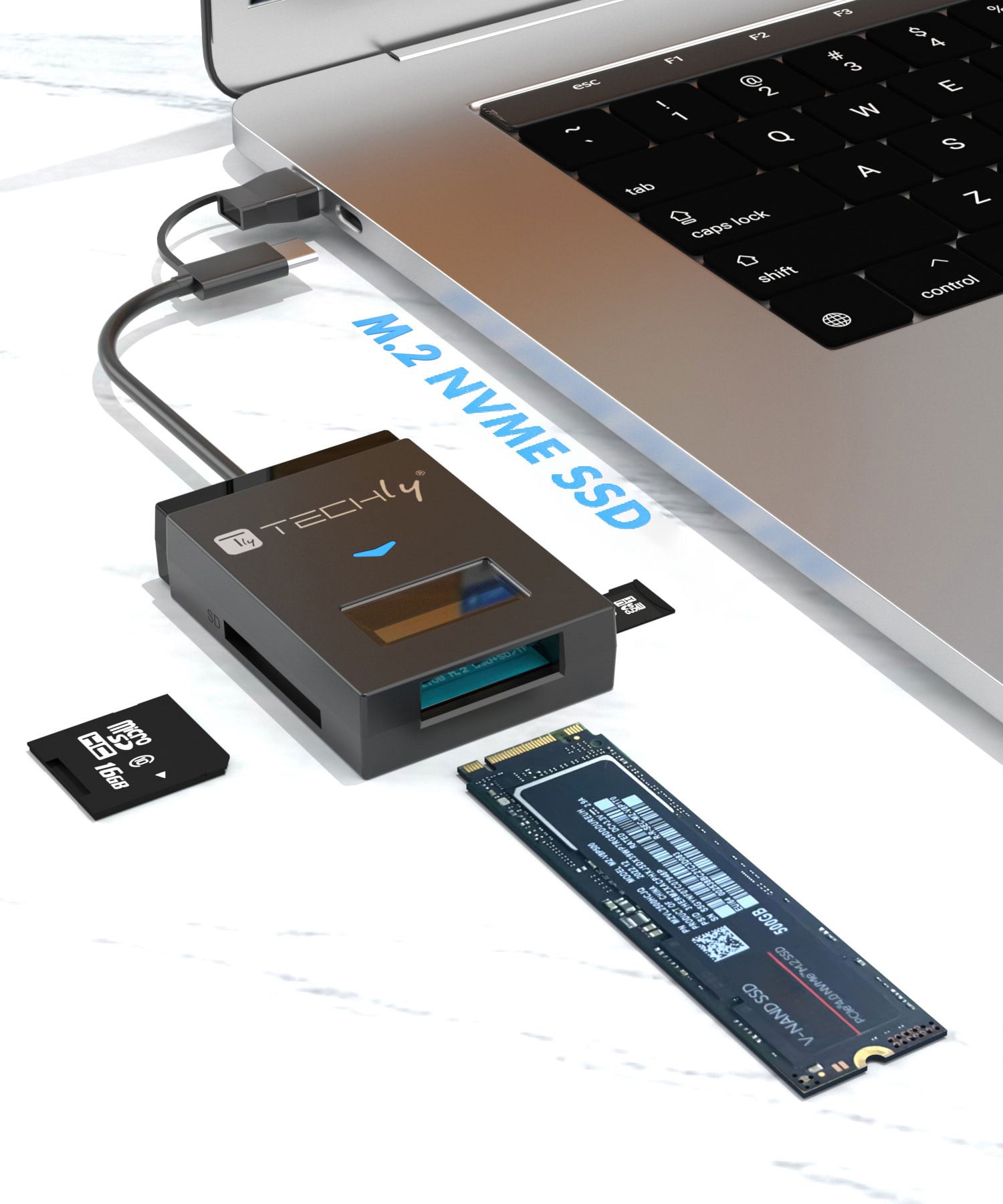Adattatore USB-A/USB-C™ a NVME/SATA M.2 con Lettore Memorie SD/TF - Techly IADAP USB32-SSDTF