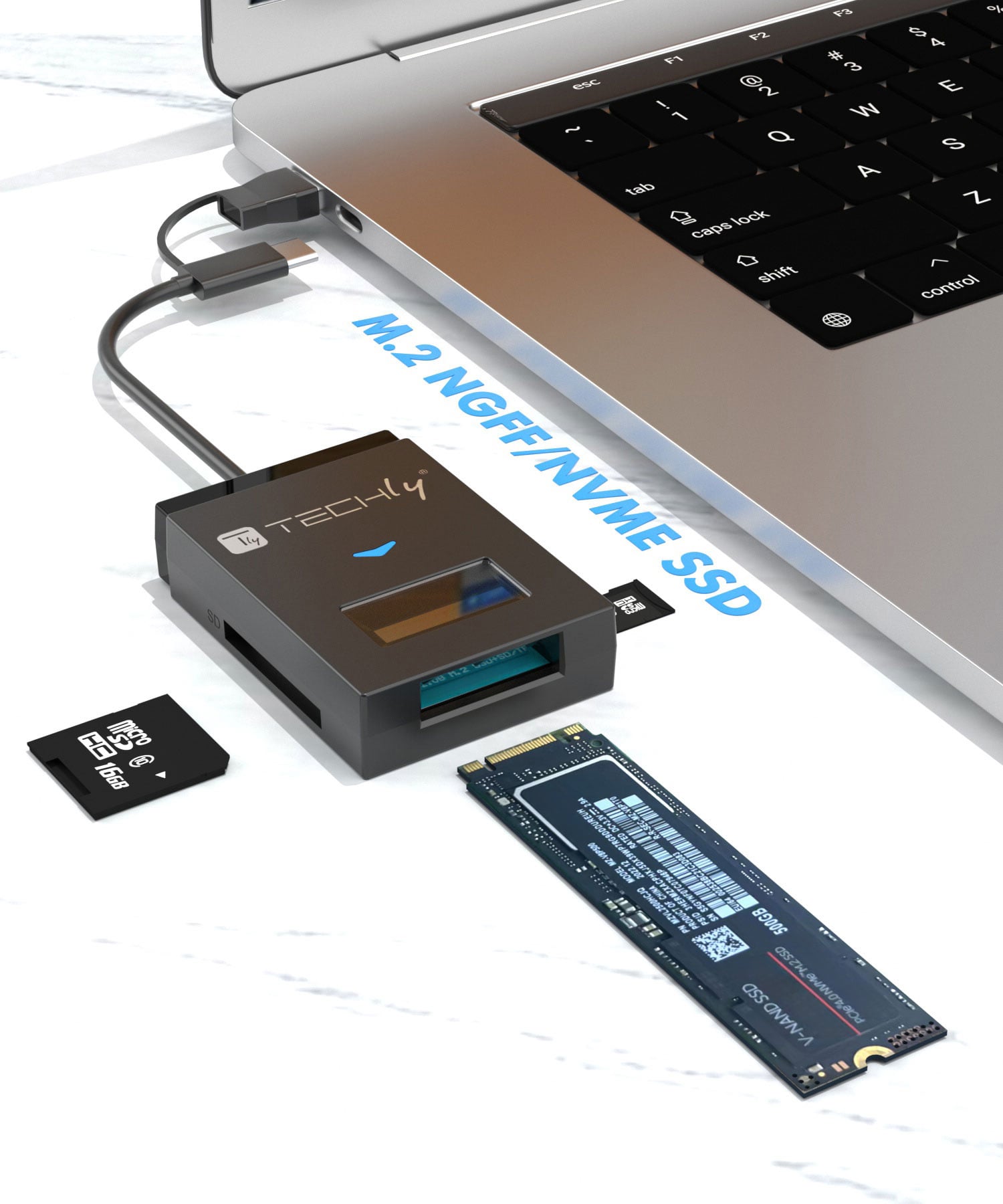 Adattatore USB-A/USB-C™ a NVME/SATA M.2 con Lettore Memorie SD/TF - Techly IADAP USB32-SSDTF