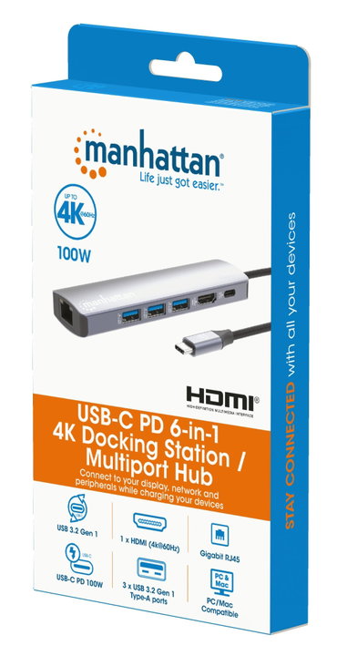 USB-C Docking Station 6-in-1 Multiport Hub 4K HDMI PD 100W - Manhattan IADAP USBC-MULTIAL3