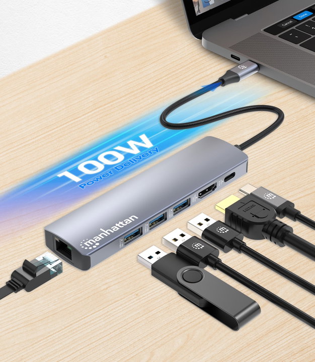 USB-C Docking Station 6-in-1 Multiport Hub 4K HDMI PD 100W - Manhattan IADAP USBC-MULTIAL3