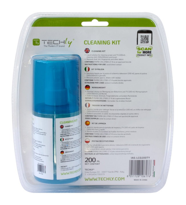 Kit di Pulizia per Monitor LCD 200ml con Panno Microfibra e Pennello - Techly IAS-LCD200TY
