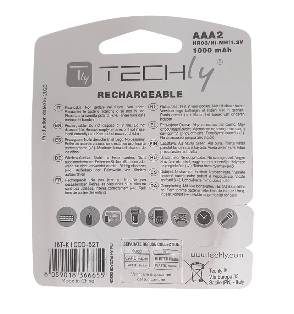 Blister 2 Batterie Ricaricabili Mini Stilo HR03 AAA 1000 mAh - Techly IBT-K1000-B2T