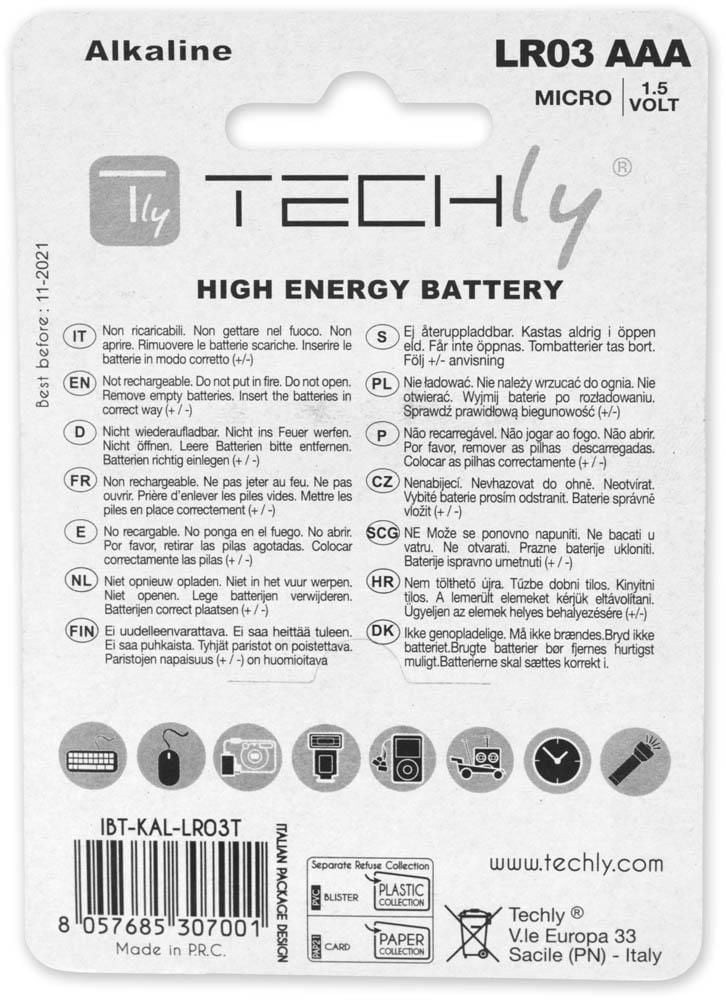Blister 4 Batterie High Power Mini Stilo AAA Alcaline LR03 1.5V - Techly IBT-KAL-LR03T