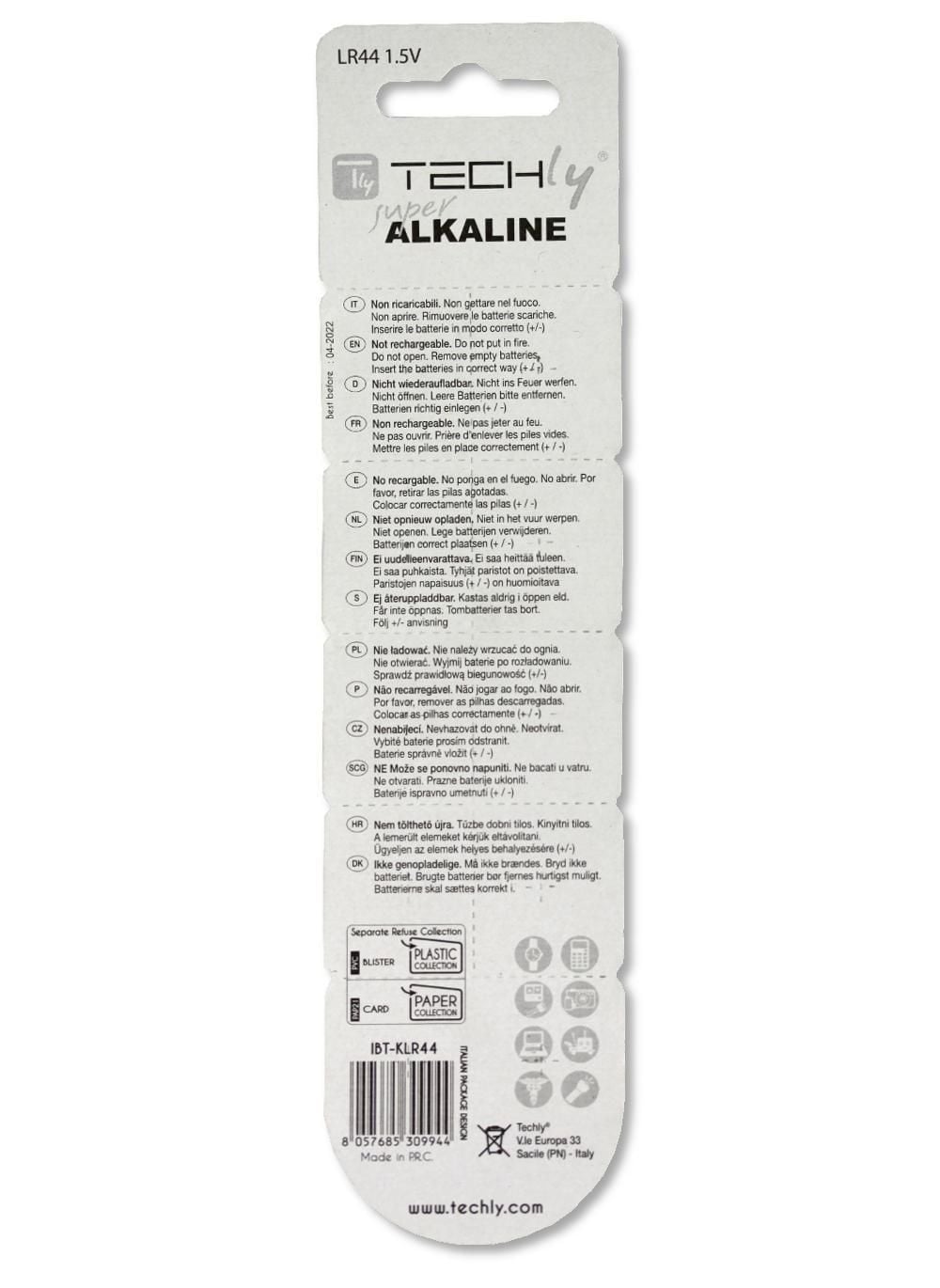 Batteria a Bottone Alcalina AG13 LR44 A76 GP76A 357 (set 10 pz) - Techly IBT-KLR44