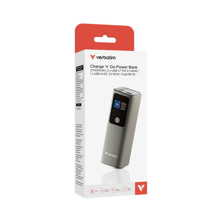 Power Bank 27000mAh 1x USB-A 2x USB-C with TFT Display, PD 3.1 140W - Verbatim IC-32269