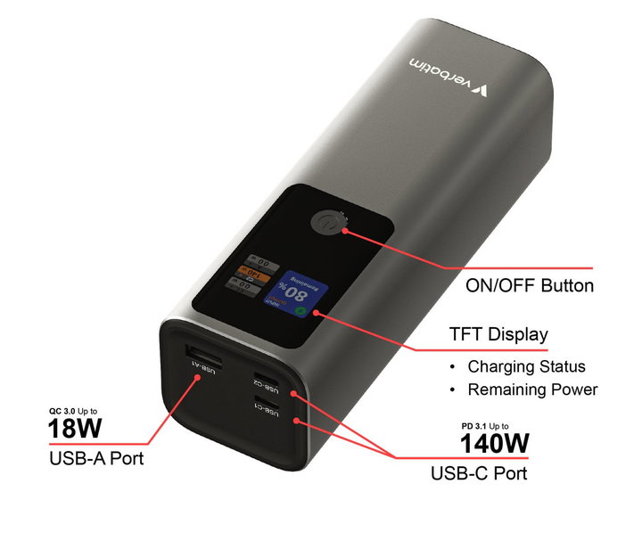 Power Bank 27000mAh 1x USB-A 2x USB-C with TFT Display, PD 3.1 140W - Verbatim IC-32269