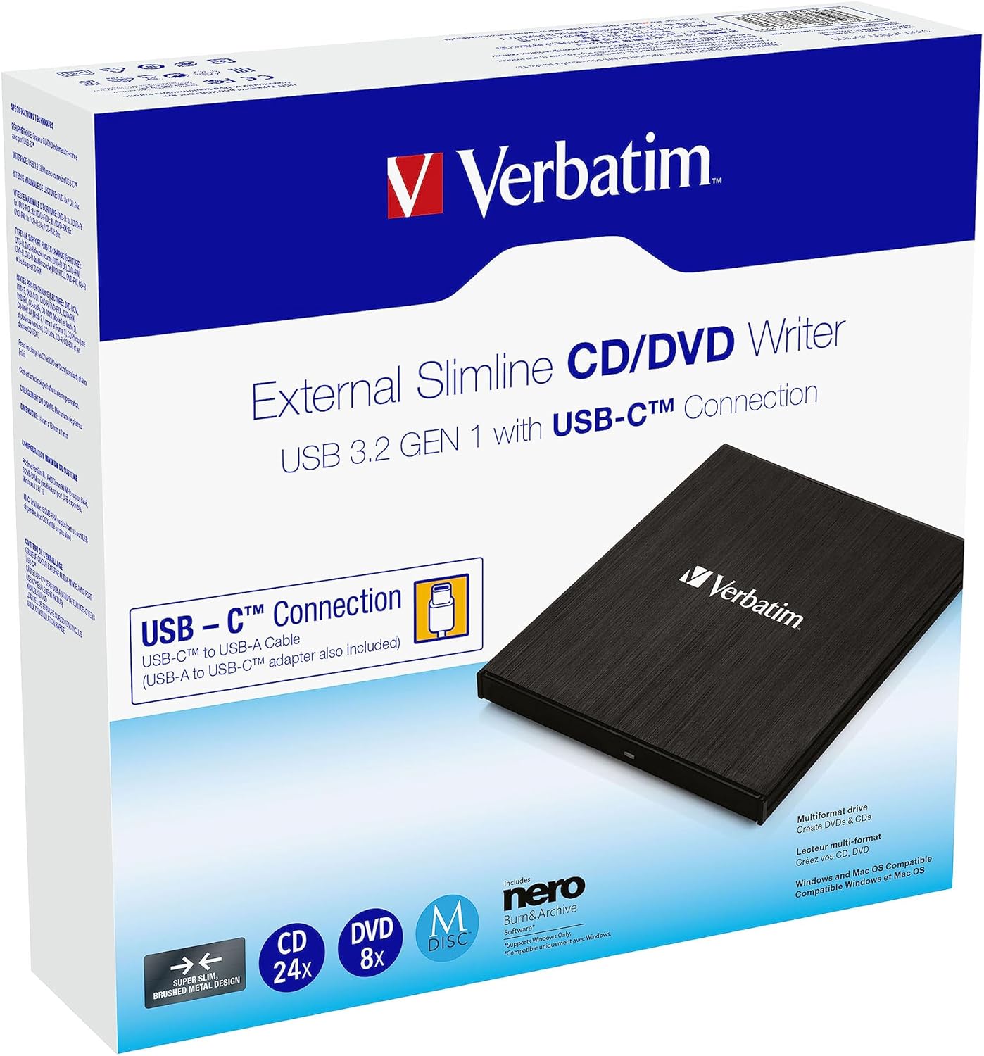 Lettore CD/DVD Esterno Slim USB 3.2 Gen1 con Porta USB-C™ - Verbatim IC-43886