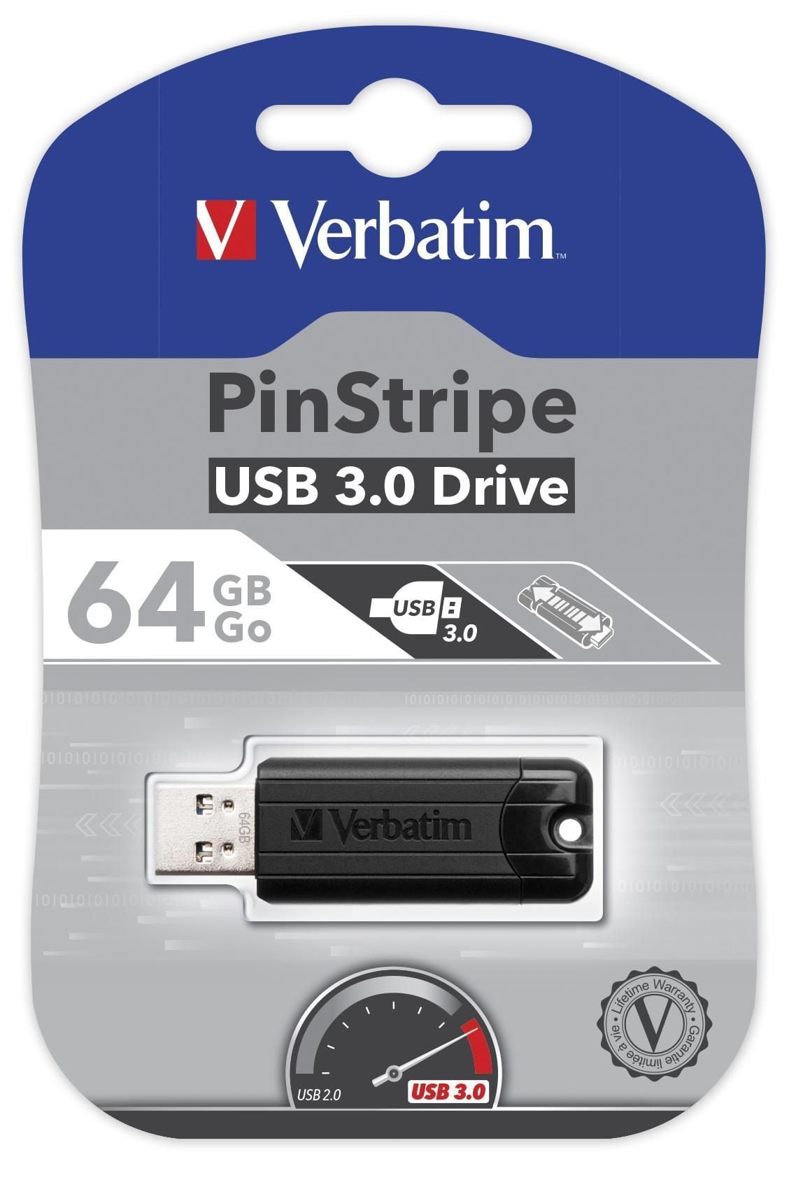 Memoria USB 3.0 PinStripe da 64Gb Colore Nero - Verbatim IC-49318