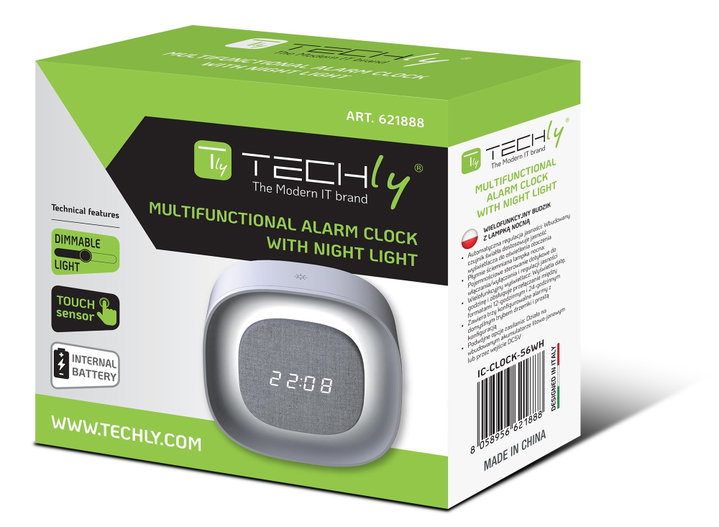 Sveglia Wireless Multifunzione con Luce Notturna Regolabile - Techly IC-CLOCK-56WH