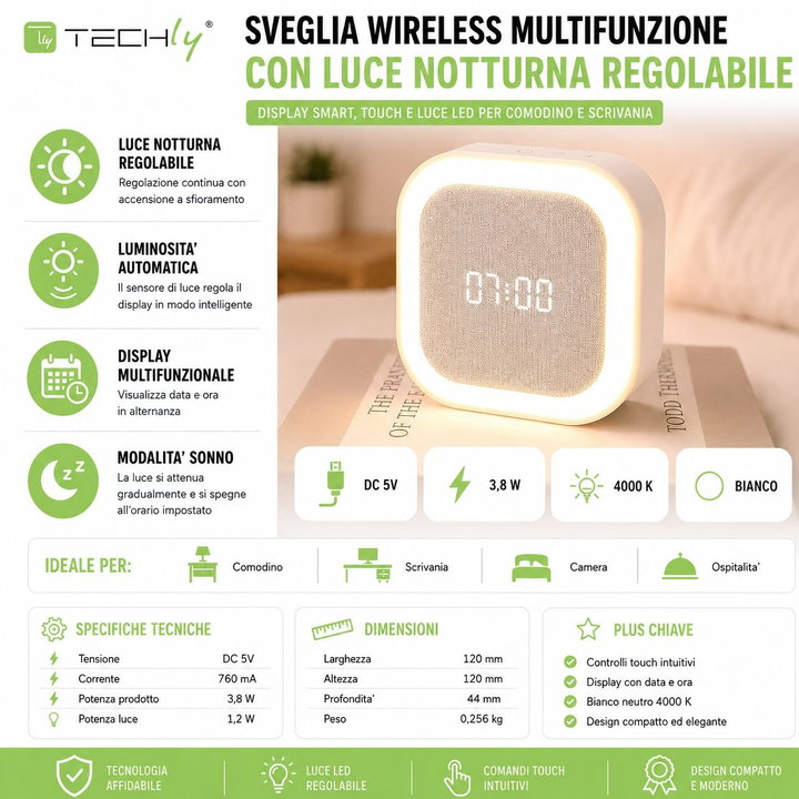 Sveglia Wireless Multifunzione con Luce Notturna Regolabile - Techly IC-CLOCK-56WH