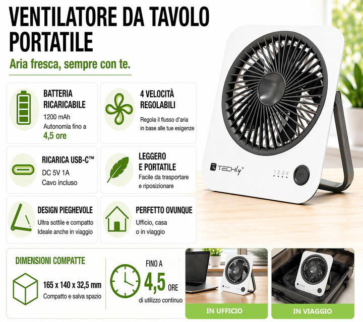 Ultra Slim Foldable Portable Desk Fan 4 Speeds - Techly IC-FAN-DSK1WG