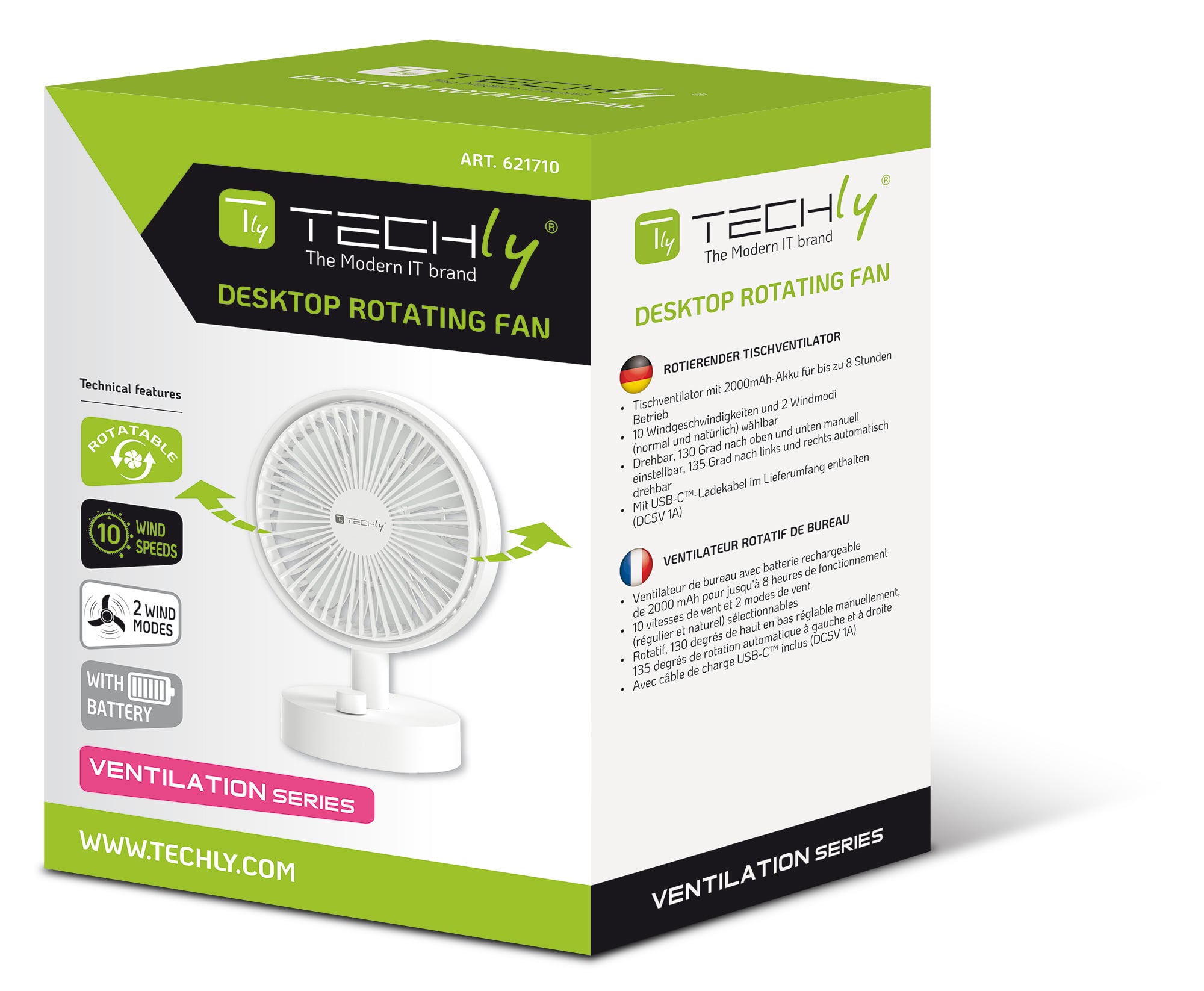 Mini Fan Rotary Table to 10 Speed USB charging - Techly IC-FAN-DSK 2 W