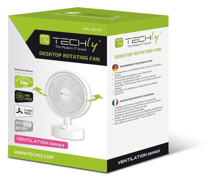 Mini rotating table fan 10 speeds USB recharge - Techly IC-FAN-DSK2W