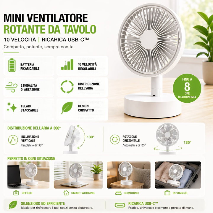 Mini rotating table fan 10 speeds USB recharge - Techly IC-FAN-DSK2W