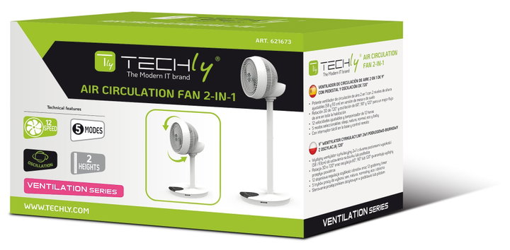 Fan 9'' 2 in 1 Floor stand 2 Heights 12 Speeds Remote control Oscillation 720° Timer - Techly IC-FAN-FLS1W