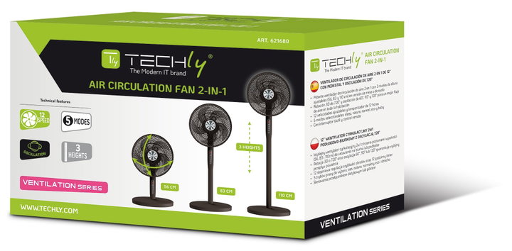 Fan 12'' 2 in 1 Floor stand 3 Heights 12 Speeds Remote control Oscillation 720° Timer - Techly IC-FAN-FLS2BK
