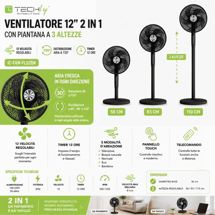 Fan 12'' 2 in 1 Floor stand 3 Heights 12 Speeds Remote control Oscillation 720° Timer - Techly IC-FAN-FLS2BK