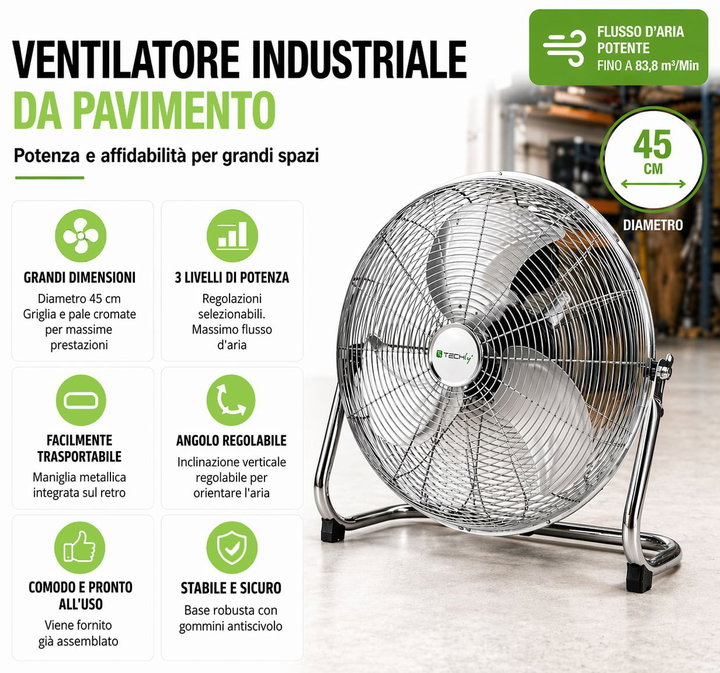 Industrial Floor Fan Diameter 45 cm 3 Power Levels - Techly IC-FAN-IND18S