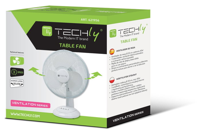 Ventilatore Rotante da Tavolo Diametro 30 cm a 3 Velocità - Techly IC-FAN-TAB12W