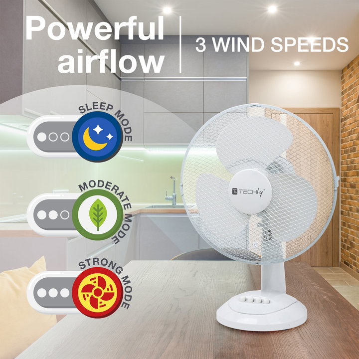 Ventilatore Rotante da Tavolo Diametro 30 cm a 3 Velocità - Techly IC-FAN-TAB12W