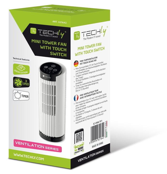 Mini Tower Fan 13'' 3 Speeds Touch Oscillation 70° Timer - Techly IC-FAN-TF1