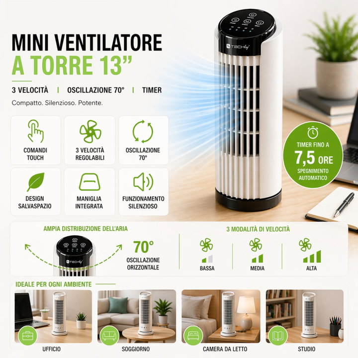 Mini Tower Fan 13'' 3 Speeds Touch Oscillation 70° Timer - Techly IC-FAN-TF1
