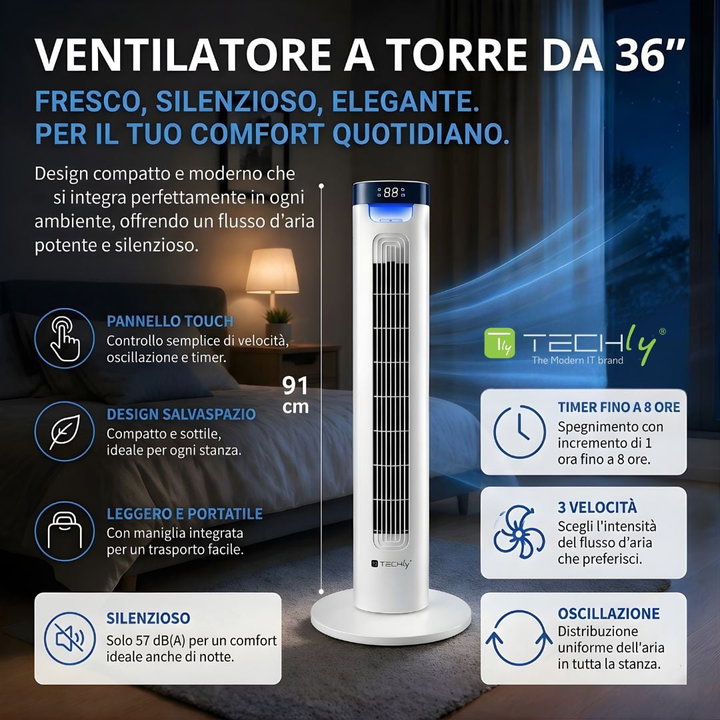 Floor Tower Fan 36'' 3 Speeds Remote Control Oscillation 75° Timer - Techly IC-FAN-TF2