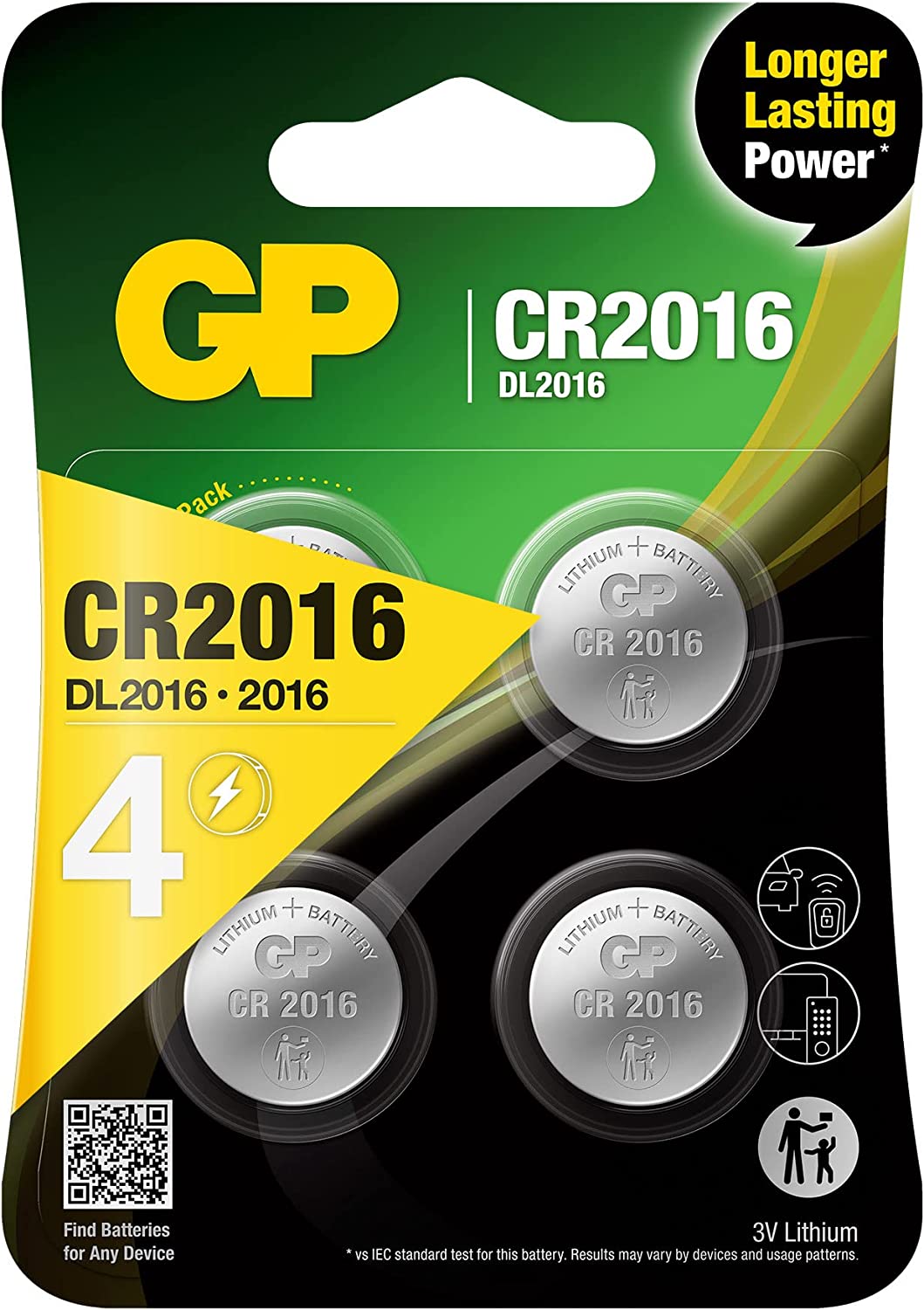 Blister 4 Button Lithium Batteries 3 V Long Duration CR 2016 - GP Batteries IC-GP 103379
