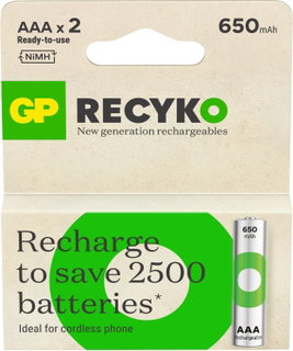 Blister 2 Rechargeable Mini Stilo AAA Batteries 650 mAh GP Recyko - GP Batteries IC-GP201248
