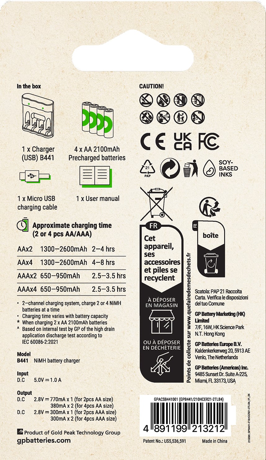 Caricabatterie per AA e AAA con 4 Batterie AA NiMH da 2100 mAh Incluse - GP Batteries IC-GP202261