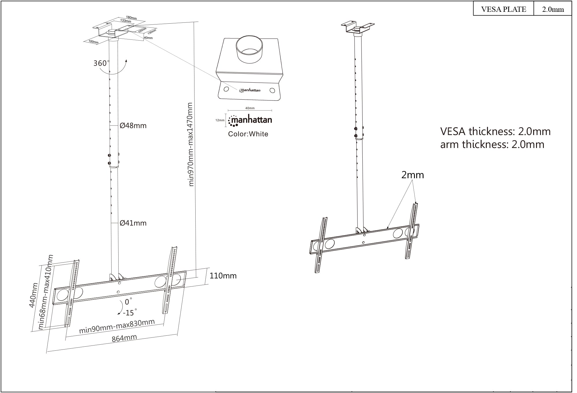 Supporto universale a soffitto per TV LED/LCD 37-70'' - Manhattan ICA-CPLB 625