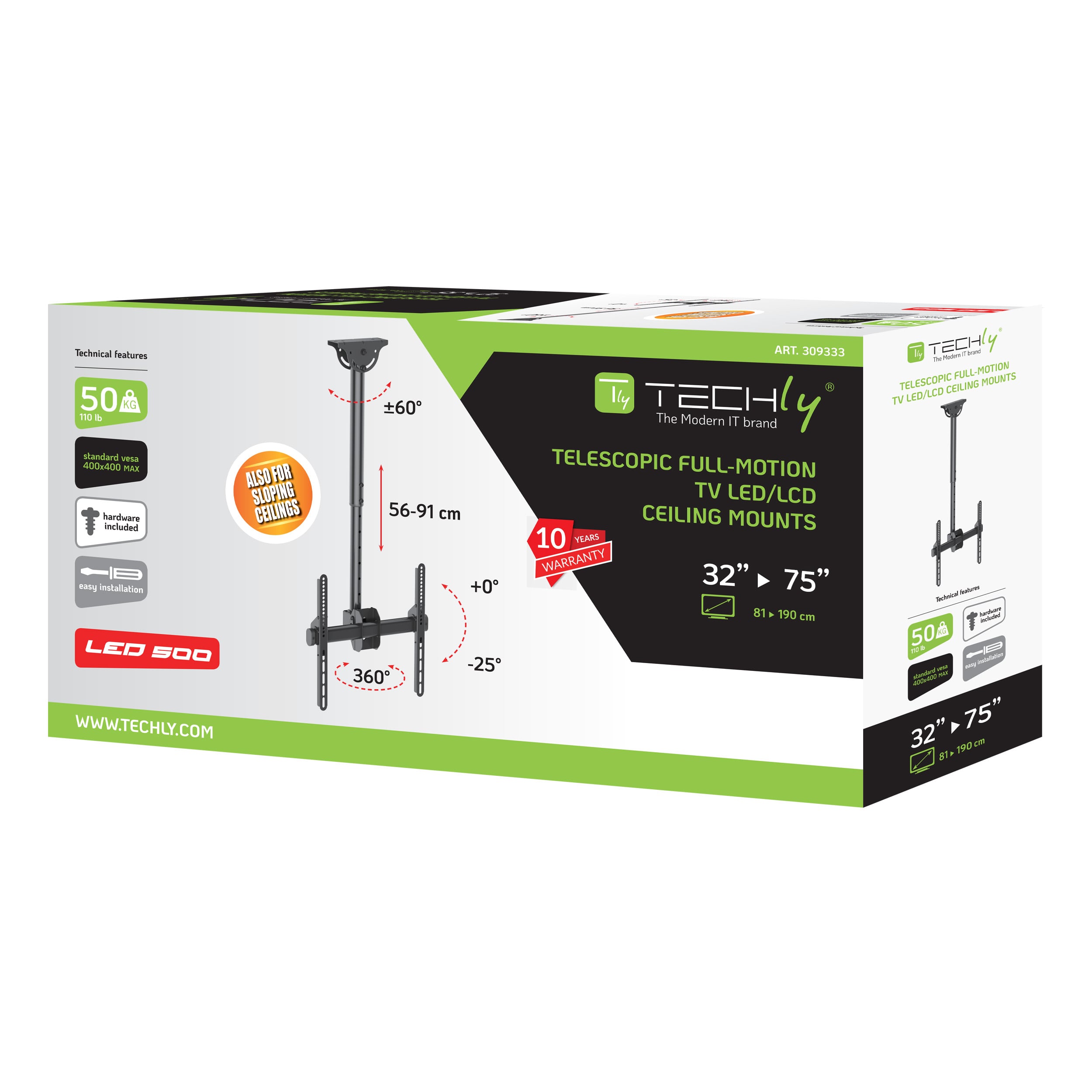 Supporto Telescopico Universale a Soffitto per TV LED LCD 32-75'' - Techly ICA-CPLB 944S