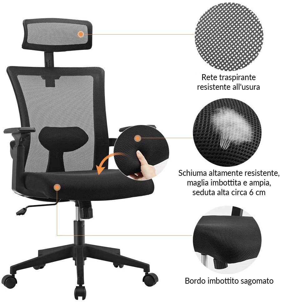 Sedia per Ufficio con Schienale Alto e Poggiatesta Regolabile Nero - Techly ICA-CT MC016