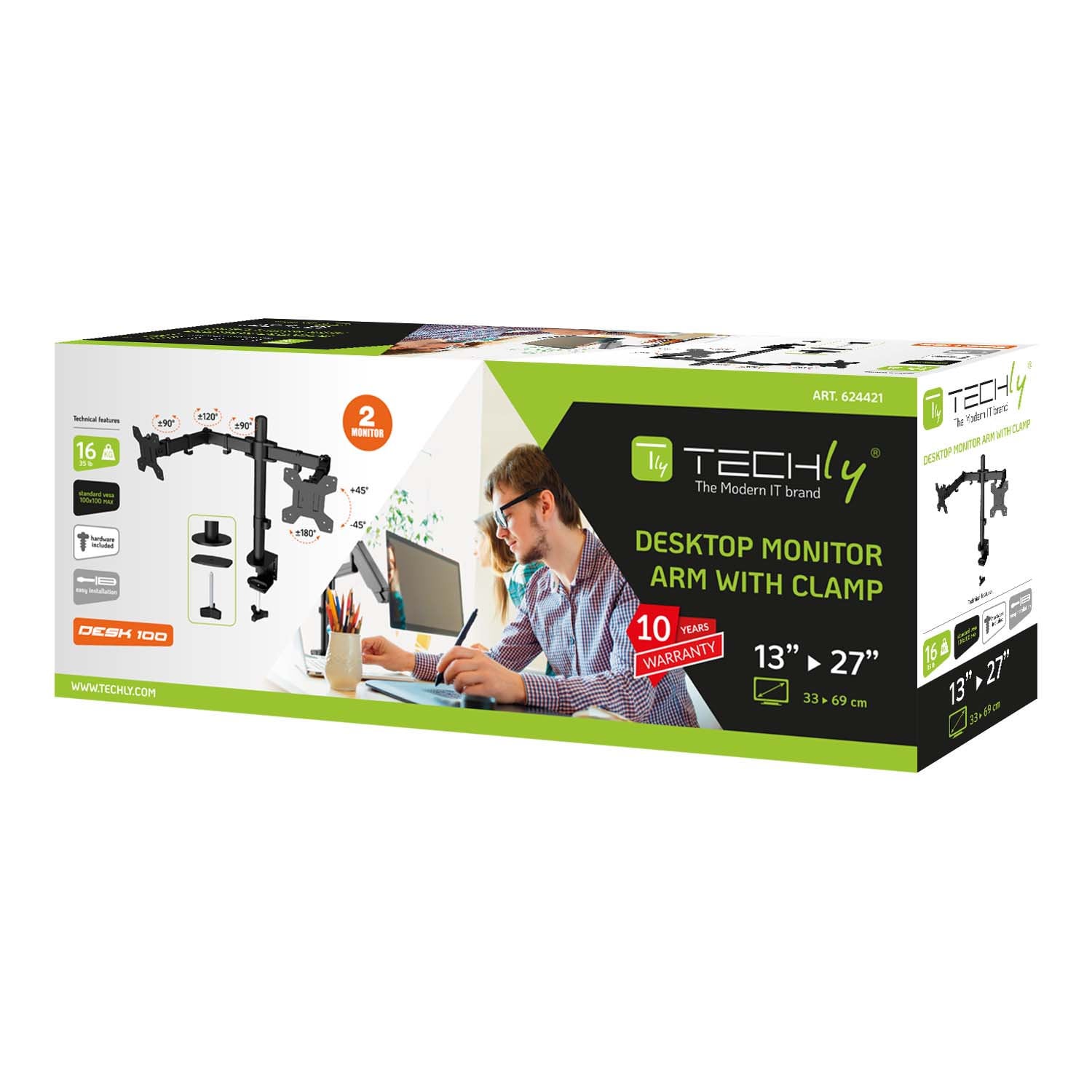 Supporto da Scrivania per 2 Monitor 13-27'' a Morsetto o Vite Passante - Techly ICA-LCD 052B