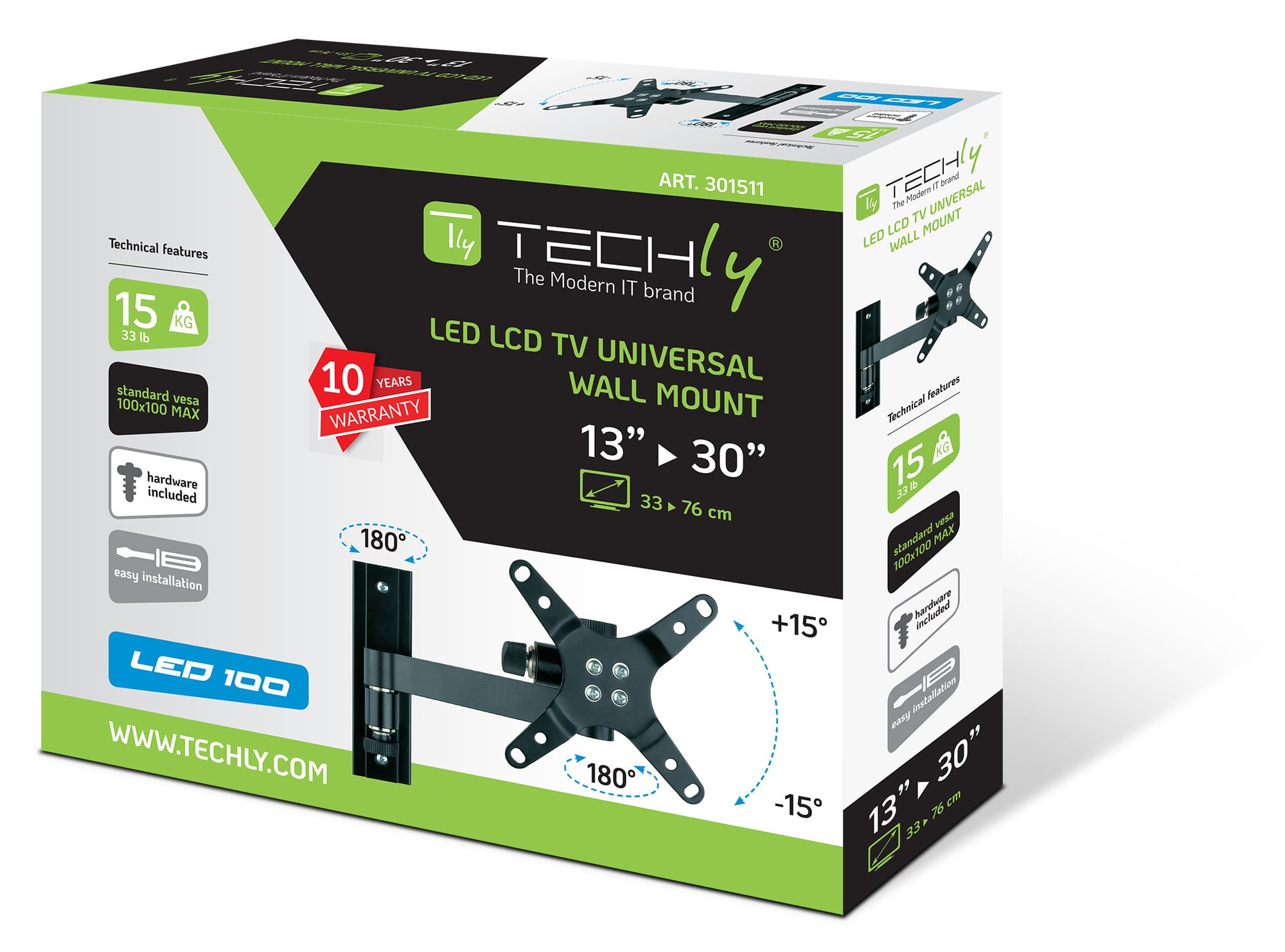 Supporto a muro per TV LED LCD 13-30'' inclinabile 2 snodi nero - Techly ICA-LCD 105BK