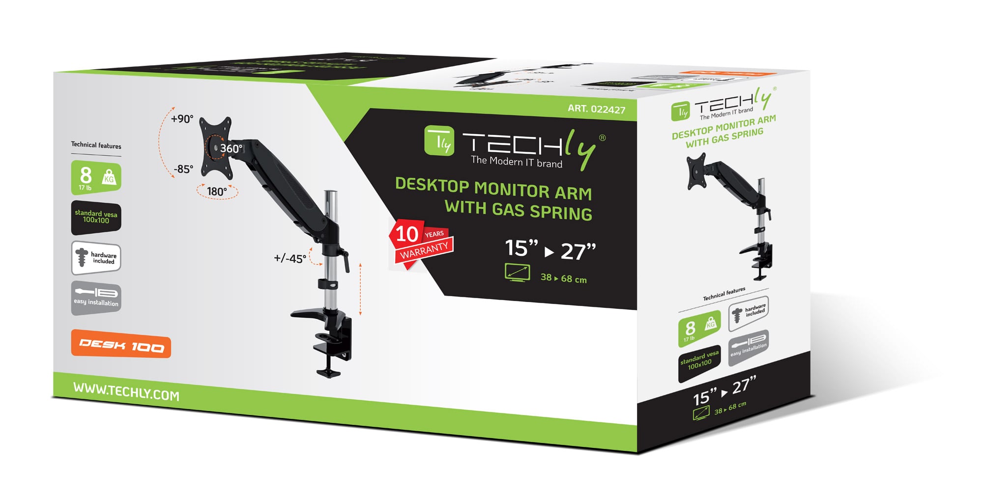 Supporto Tubolare a Gas da Scrivania per Monitor 15-27'' 360mm Nero - Techly ICA-LCD 111-BK