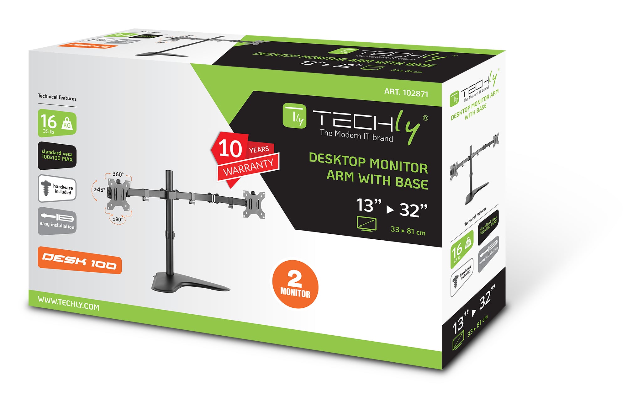 Supporto da scrivania per 2 Monitor 13-32'' con base - Techly ICA-LCD 2524
