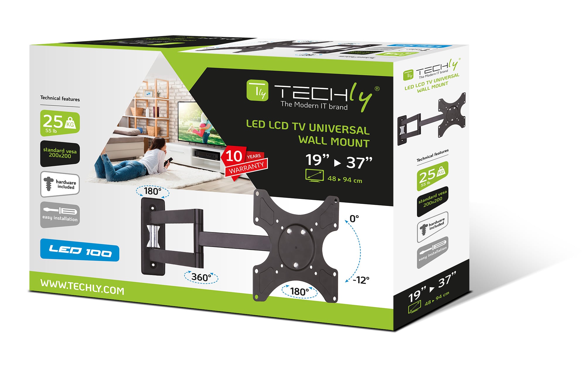 Supporto a muro per TV LED LCD 19-37'' inclinabile 3 snodi nero - Techly ICA-LCD 2903