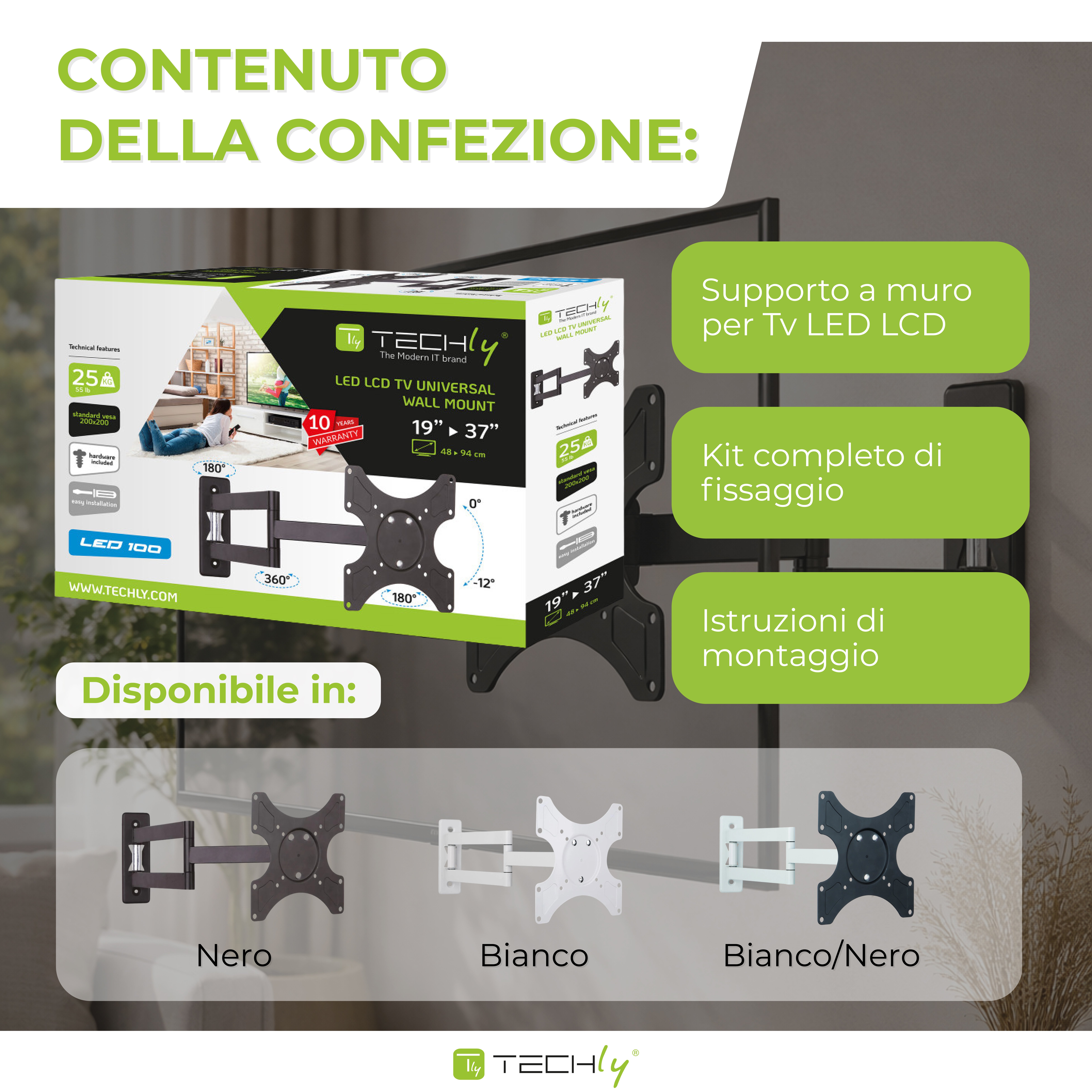 Supporto a muro per TV LED LCD 19-37'' inclinabile 3 snodi nero - Techly ICA-LCD 2903
