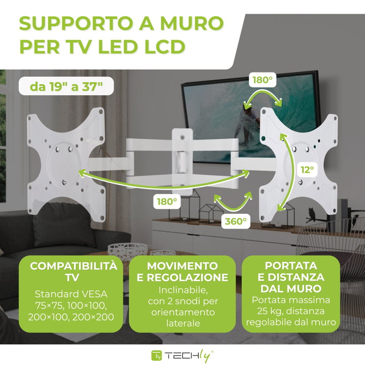 Supporto a Muro per TV LED LCD 19-37" Inclinabile 3 Snodi Bianco - Techly ICA-LCD 2903WH